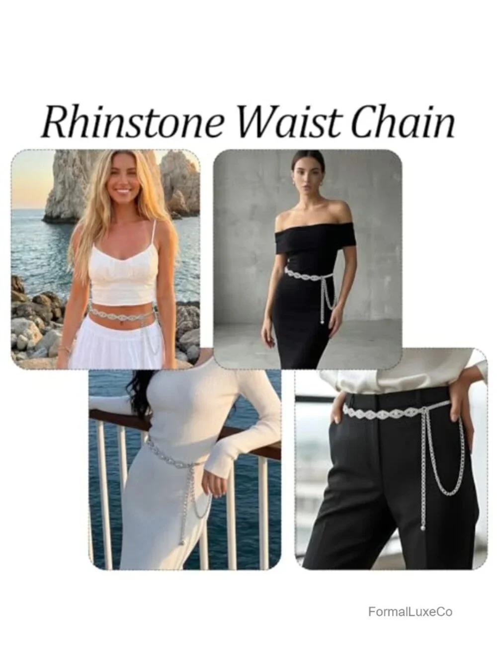 Sparkly Crystal Chain Belt for Women - Adjustable Silver Waist Belt for Dresses